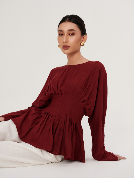 Nyssa Linen Top in Burgundy