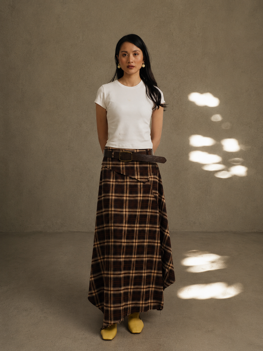Lara Asymetrical Skirt in Brown Plaid
