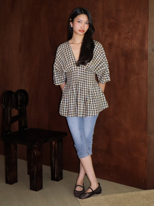 Nia Checkered Top in Mocha