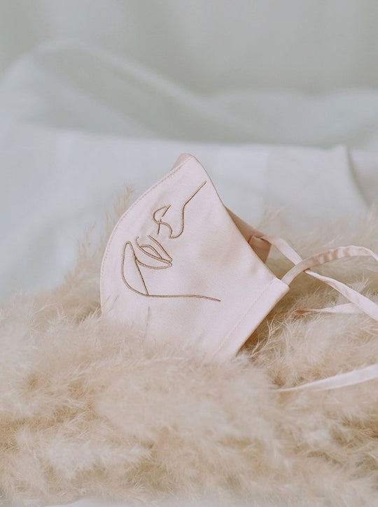 4-ply: Hanya Embroidered Face Mask with String Extension in Nude