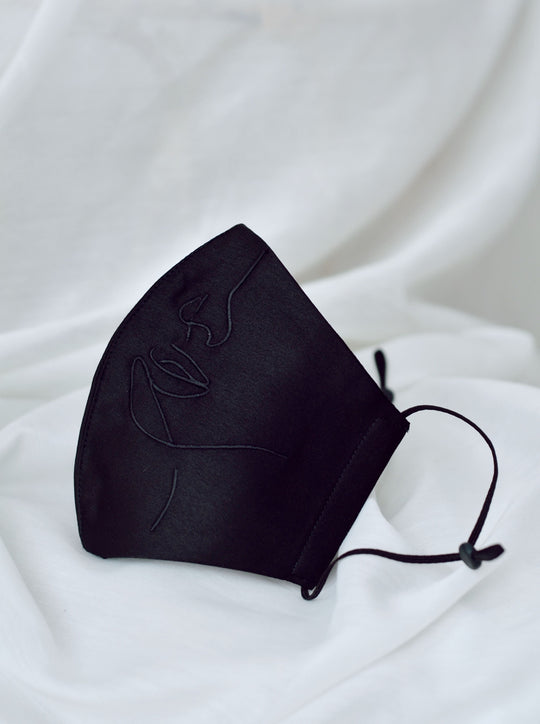 4-ply: Hanya Embroidered Face Mask with Ear Loop in Black