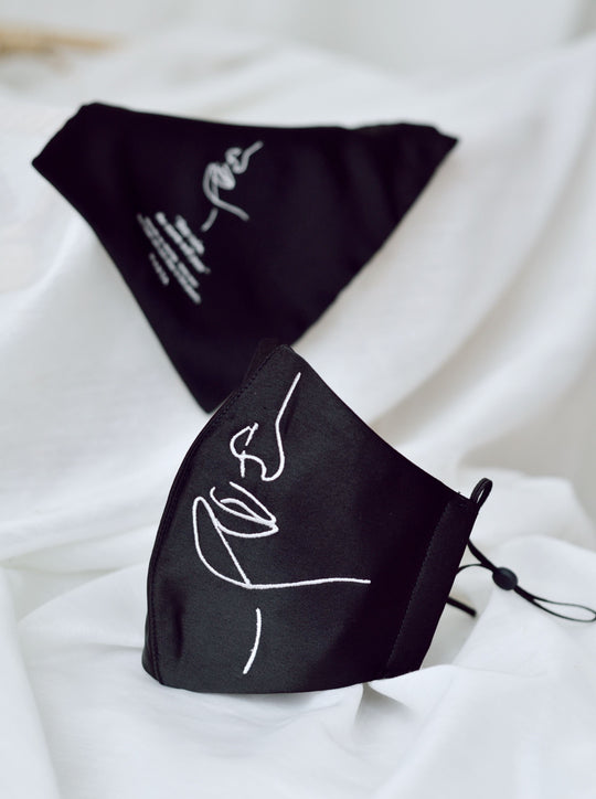 4-ply: Hanya Embroidered Face Mask with Ear Loop in BW