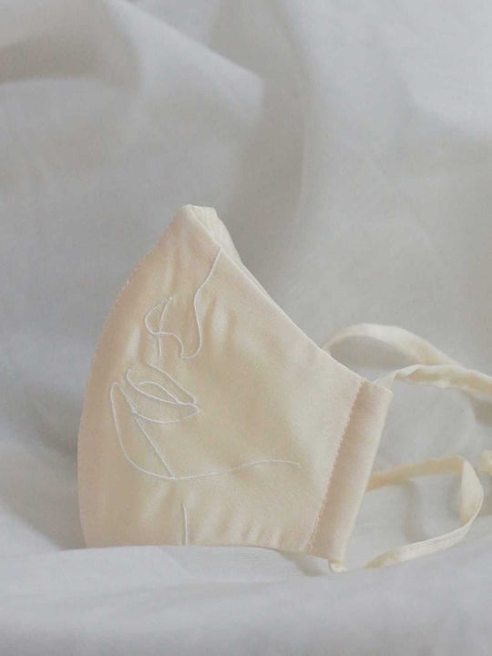4-ply: Hanya Embroidered Face Mask with String Extension in Champagne