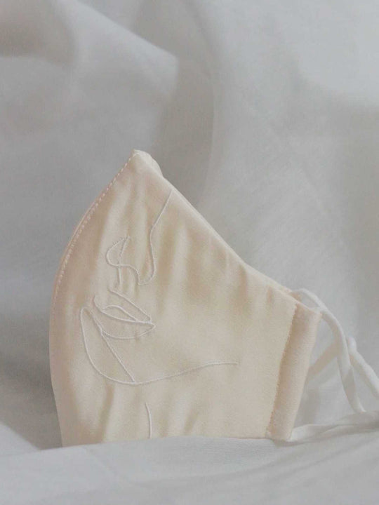 4-ply: Hanya Embroidered Face Mask with Ear Loop in Champagne
