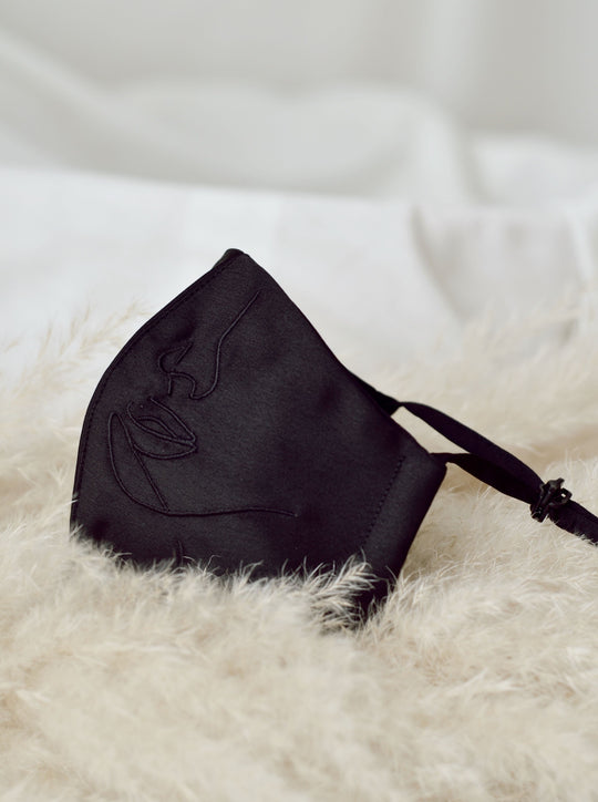 4-ply: Hanya Embroidered Face Mask with String Extension in Black
