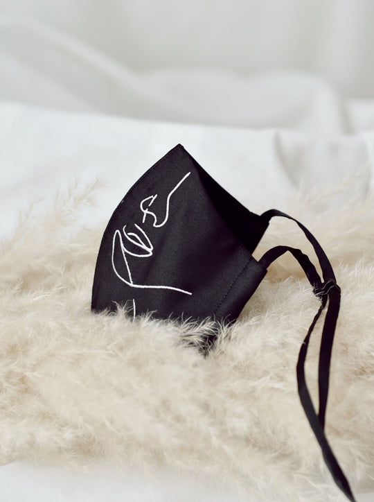 4-ply: Hanya Embroidered Face Mask with String Extension in BW