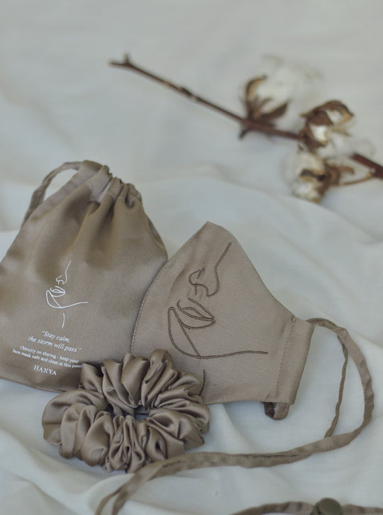 Hanya 4-Ply String Extension Embroidery Face Mask with Scrunchie Set